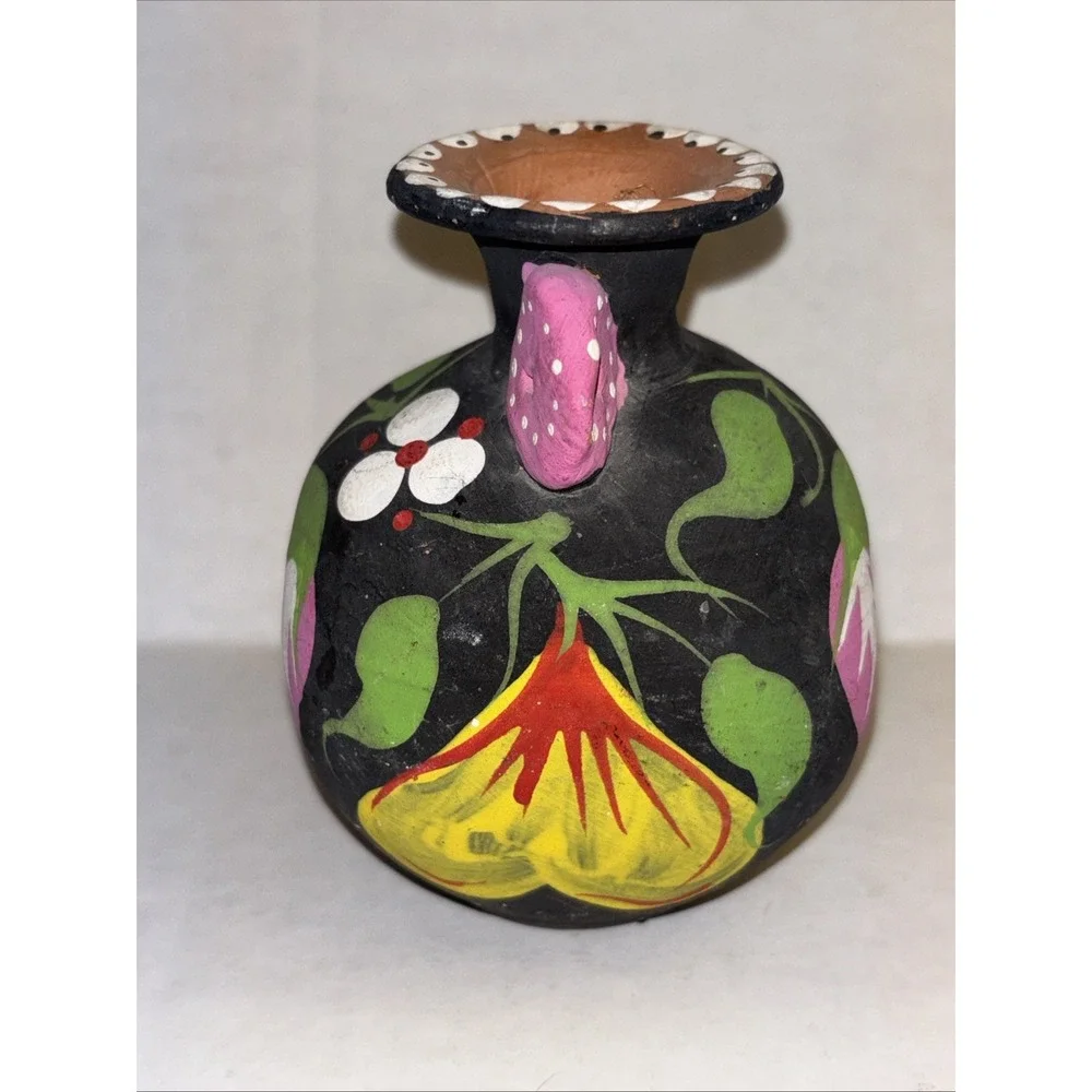 Vintage Terra Cotta Pottery Hand Painted Vase Jug Black Pink Green Small 4.5